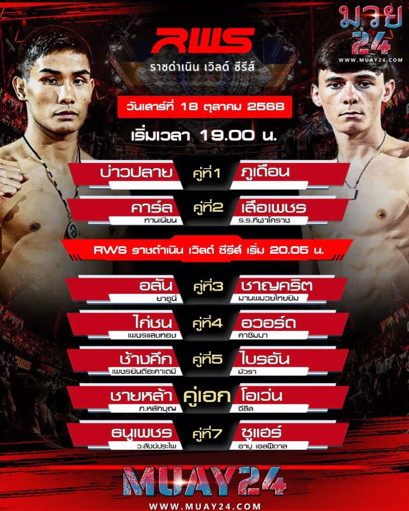 โปรแกรมมวย 18 ตุลาคม 2025 RWS ราชดำเนิน เวิลด์ ซีรีส์